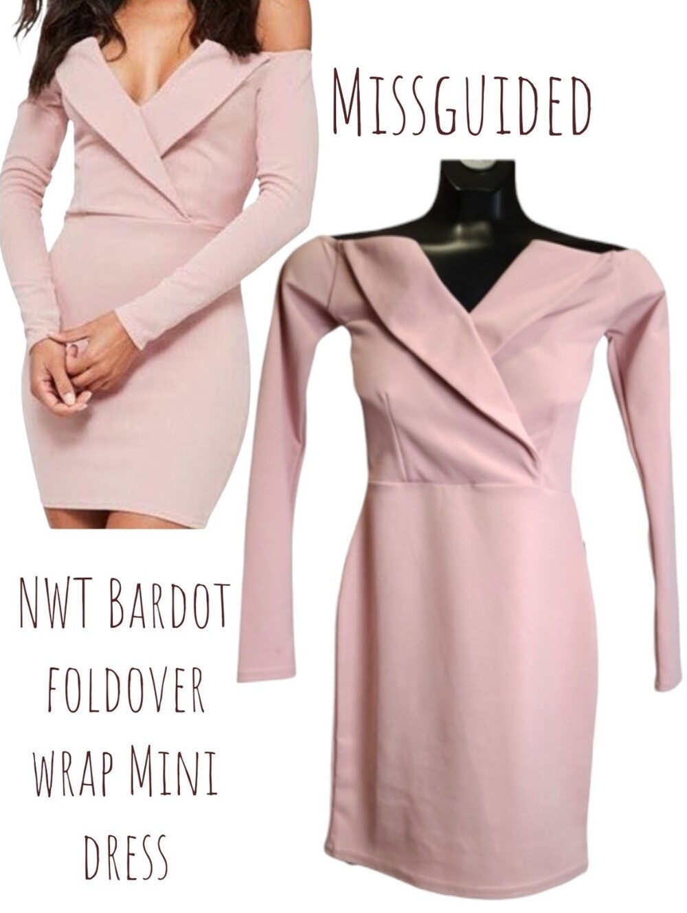 Missguided Women's Blush Pink Bardot Foldover Wrap Off The Shoulder Mini Dress S
